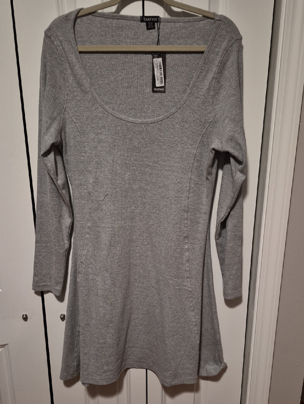 Boohoo Grey Long Sleeve Ribbed Mini Dress